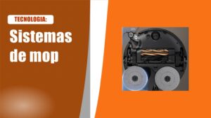 Parte de baixo de um robô aspirador com dois mops rotativos, um deles estendido para a borda